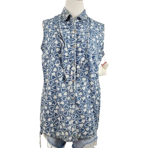 Vintage Gloria Vanderbilt Shirt Women's Medium Sleeveless Button-Up Denim Heart - Picture 1 of 12